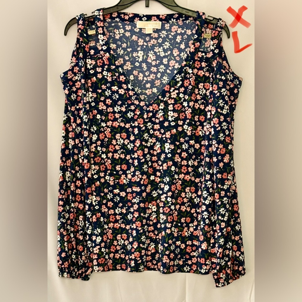 Michael Kors Navy Floral Blouse W/Cold Shoulder Sleeves